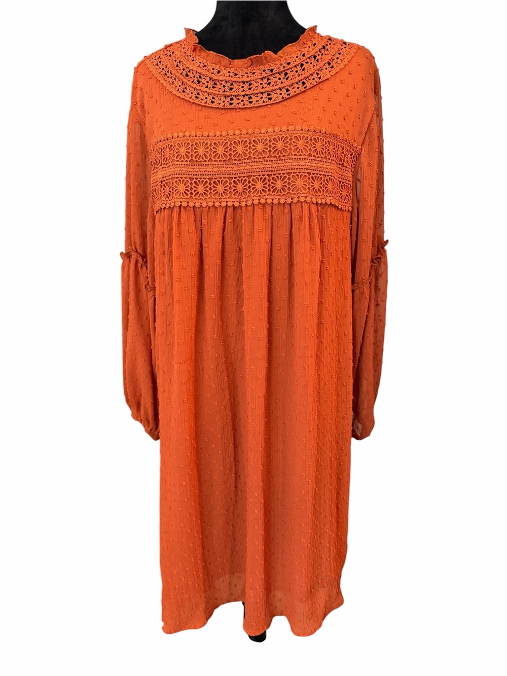 Linda Anderson Orange Crochet Long ruffle Sleeve Dress  boho sz XL Swiss dots